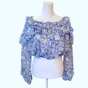 LoveShackFancy “Biscayne” Floral Ruffle Crop Top S | Blue & White Romantic